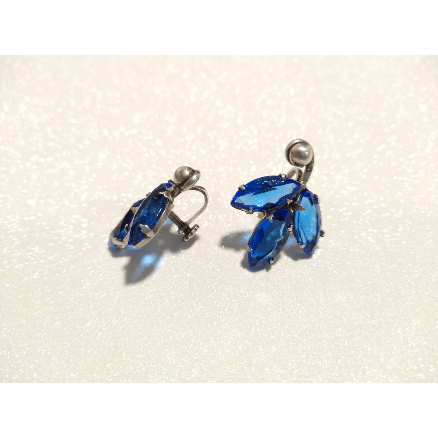 Vintage Blue Crystal Marquise Cut Solid Sterling Silver 925 Stud Earrings