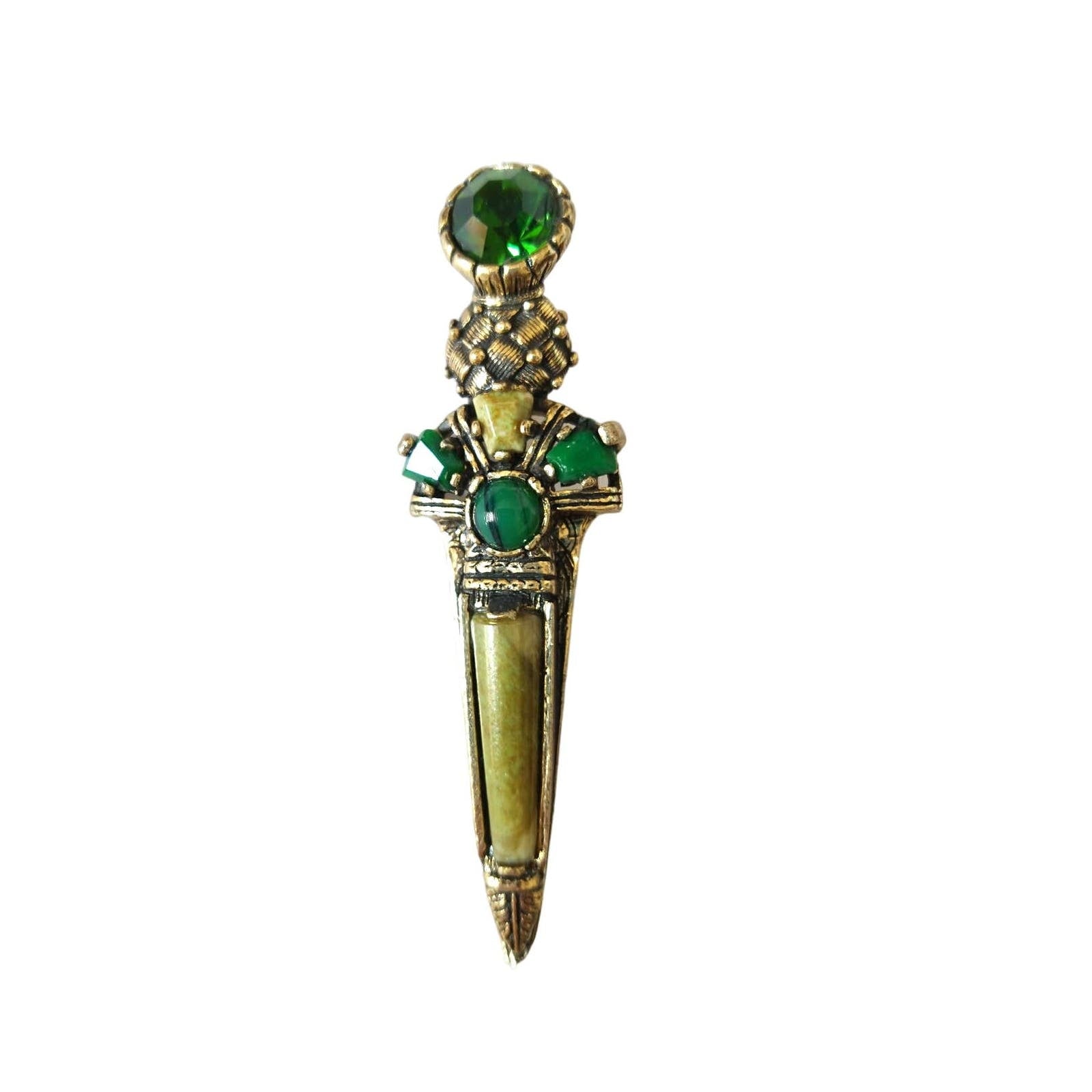 Vintage Women's Brooch Lapel Pin Sword Shape Green Jewels Gold Tone Fashion Jewelry