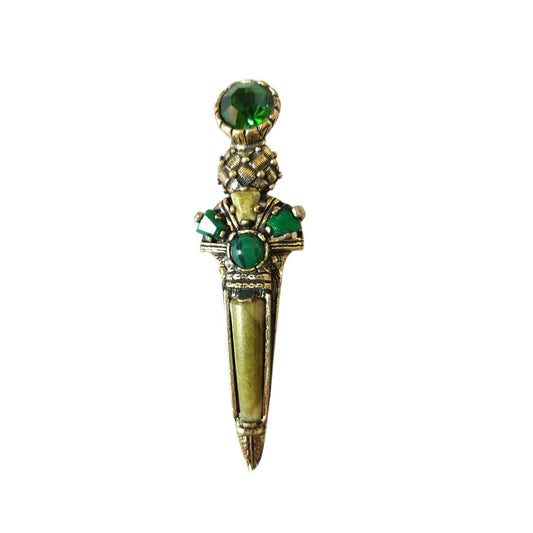 Vintage Women's Brooch Lapel Pin Sword Shape Green Jewels Gold Tone Fashion Jewelry