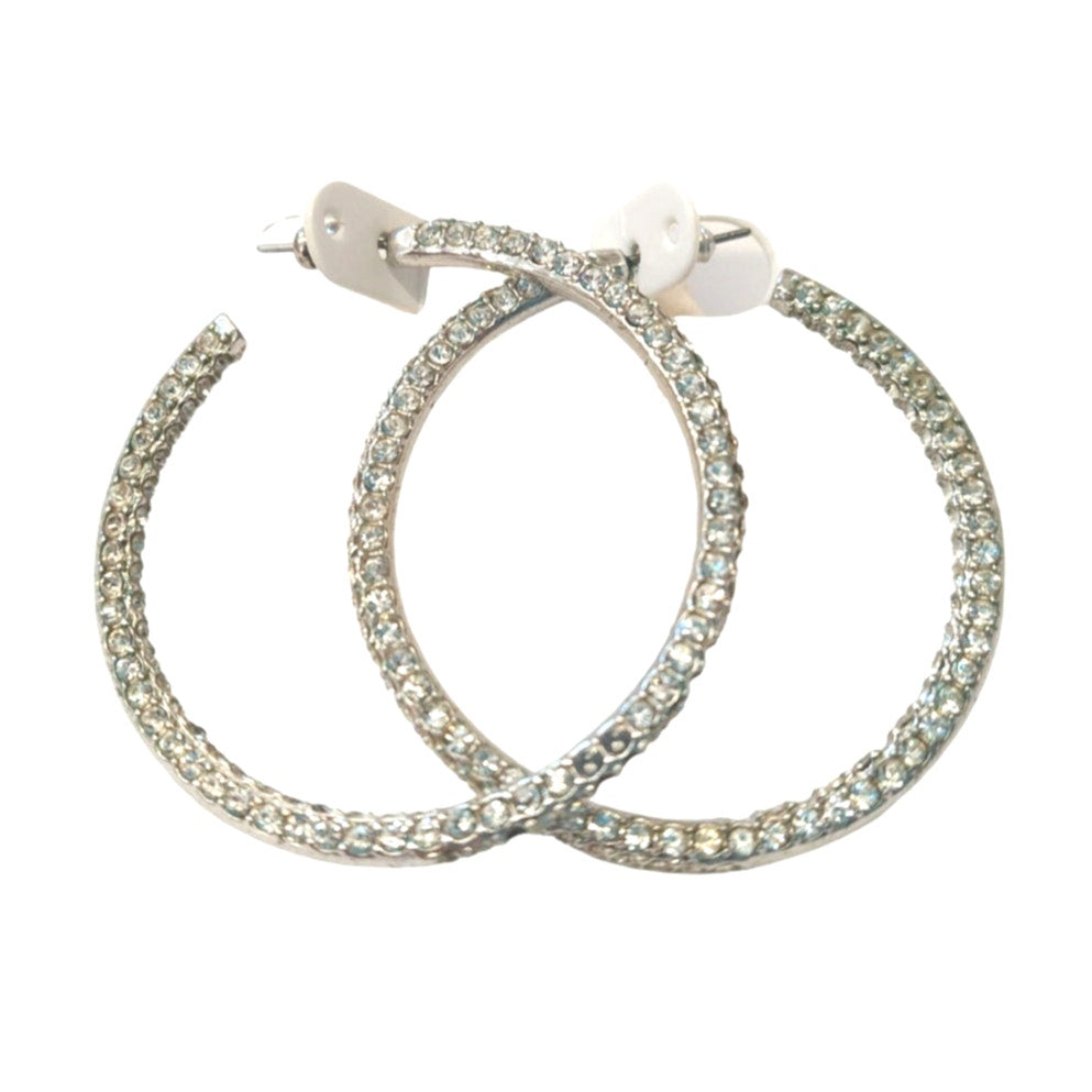 Vintage Paved Clear Rhinestones Big Hoop Earrings Sterling Silver Plated