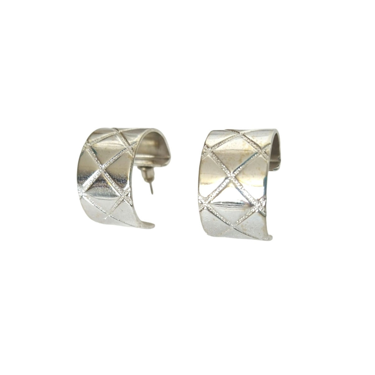 Vintage Avon Silver Tone C Hoop Earrings Open Hoops Diamond Etched Pattern