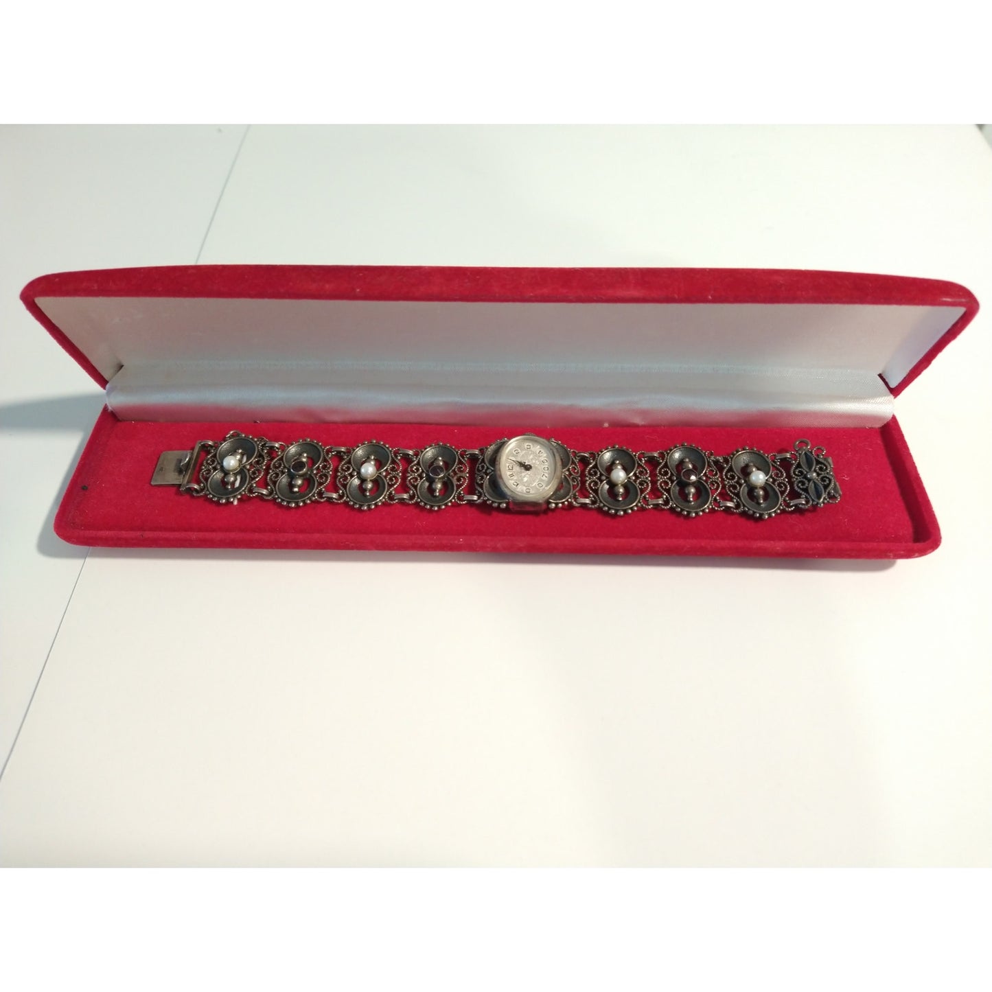 Antique Women`s Wrist Watch Bergland Filigree Sterling Silver Pearls Garnets