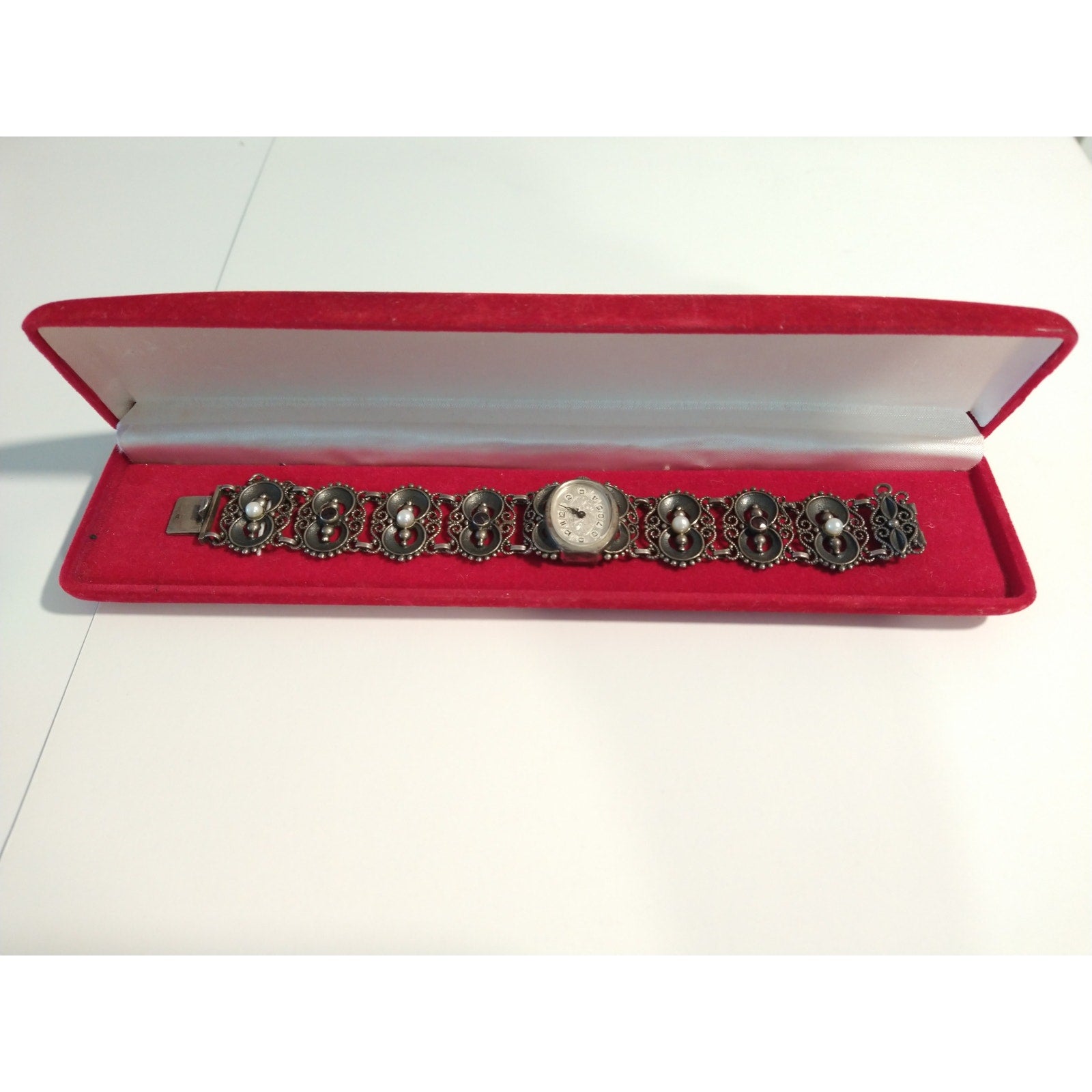 Antique Women`s Wrist Watch Bergland Filigree Sterling Silver Pearls Garnets
