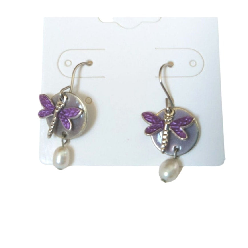 Silver Forest Purple Dragonfly Pearl Dangle Drop Earrings Surgical Steel Hooks