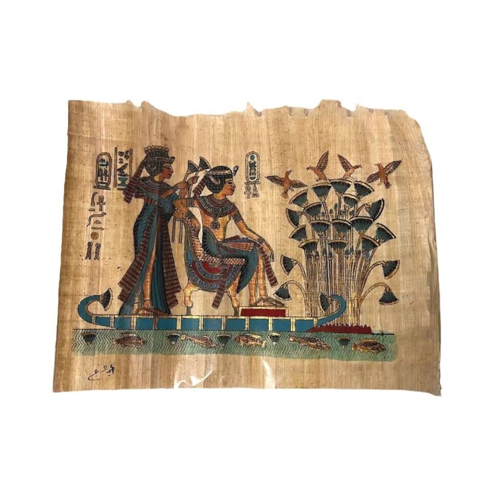 Egyptian Papyrus 2 Goddess On Nile Hand Painted Art Painting Signed