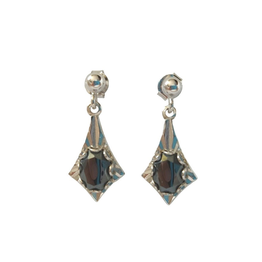 Oval Cut Faceted Hematite Dangle Earrings Sterling Silver 925 VM Designer Signed