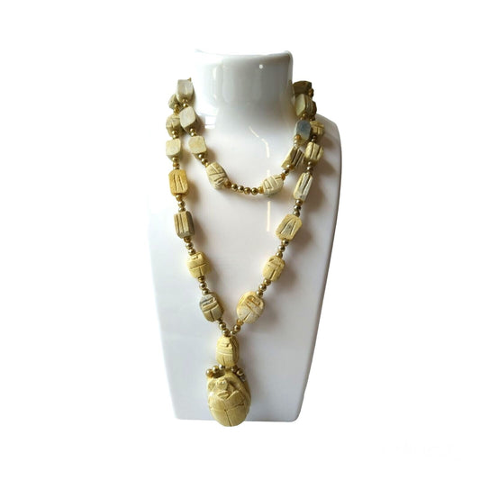 Vintage Egyptian Cream Beaded Scarab Beetle Pendant Gold-Tone Necklace