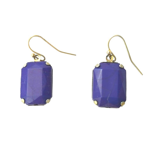 Vintage Cushion Cut Purple Navy Rhinestone Dangle Earrings Gold Tone Hooks
