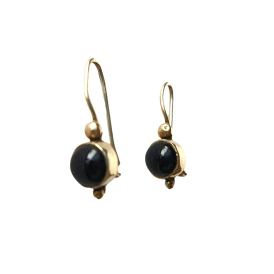 Vintage Cabochon Black Onyx Dangle Earrings Yellow Gold On Sterling Silver 925