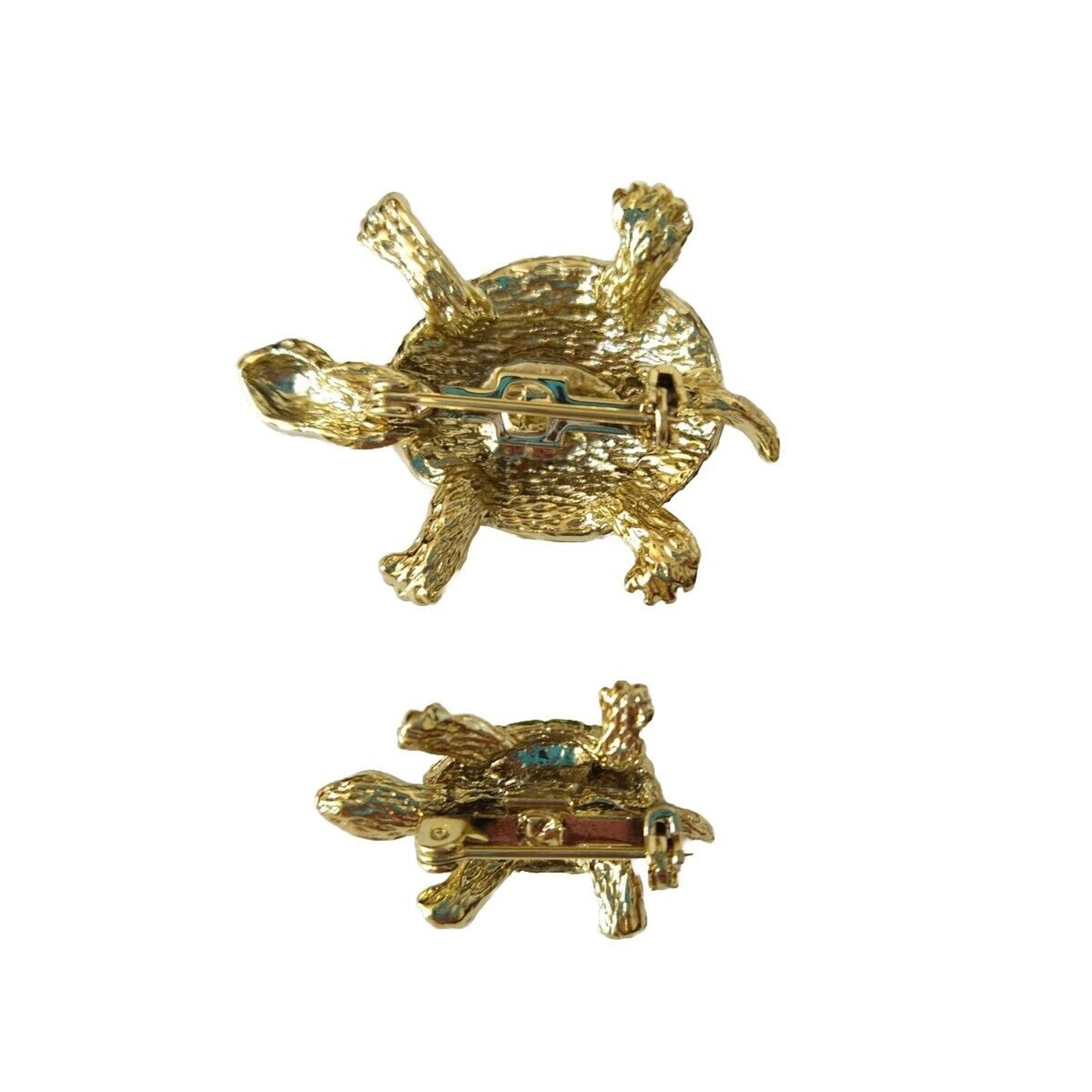 Vintage Women's Brooch Pin Mother & Baby Turtle Enamel Gold Tone Estate Jewelry