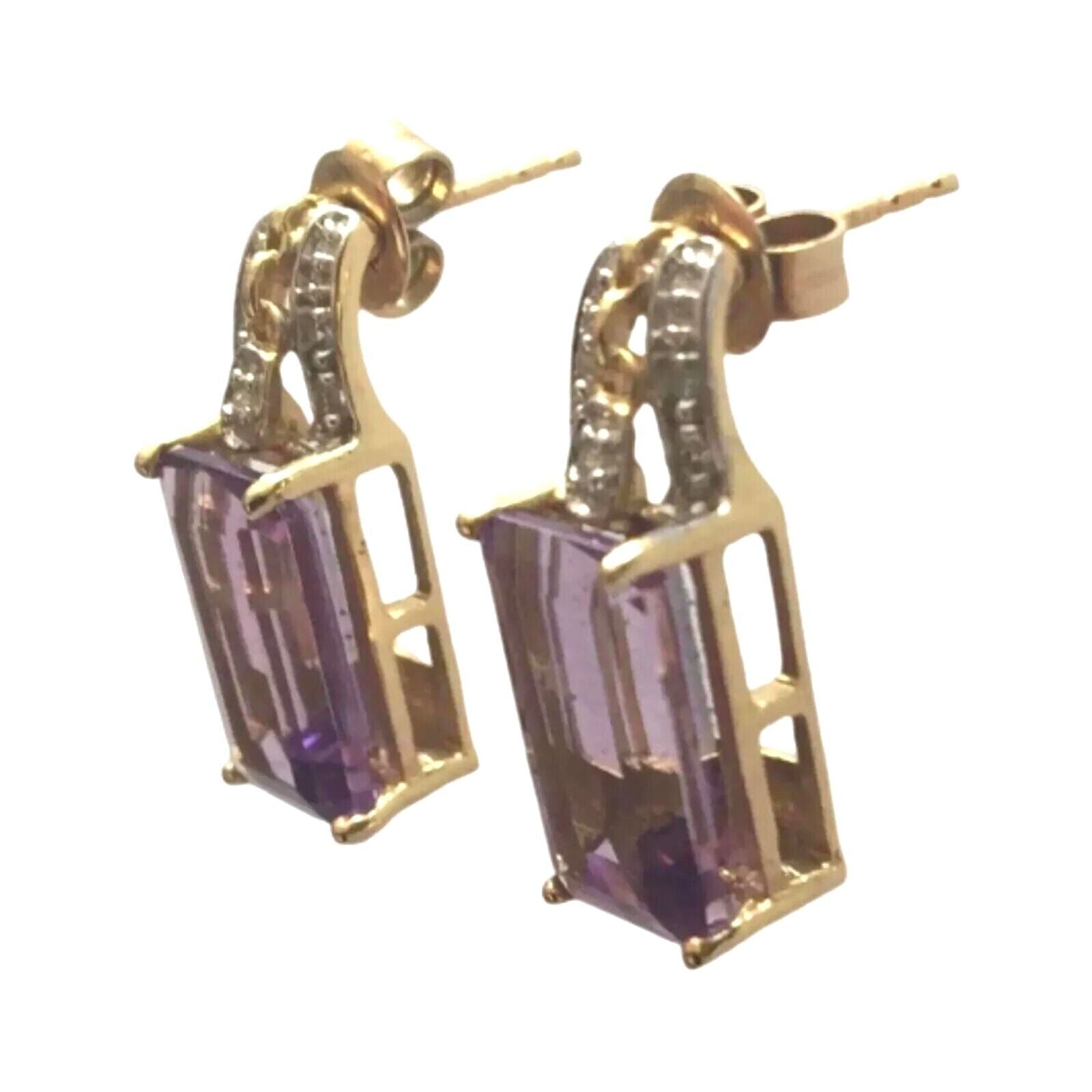 Vintage Emerald Cut Amethyst & Diamond Stud Earrings 10k Solid Yellow Gold