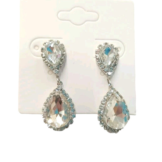 Pear Cut Cubic Zirconia Crystals Dangle Pierced Earrings Silver Tone Wedding