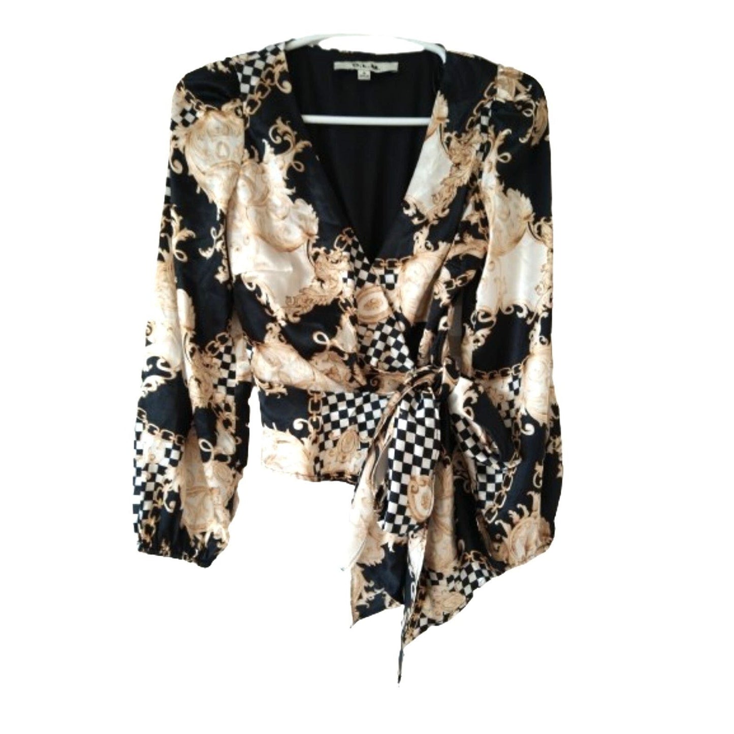O.L.M. black white gold chess long sleeve Blouse top with bow S