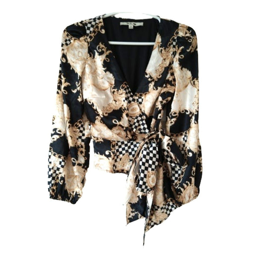 O.L.M. black white gold chess long sleeve Blouse top with bow S