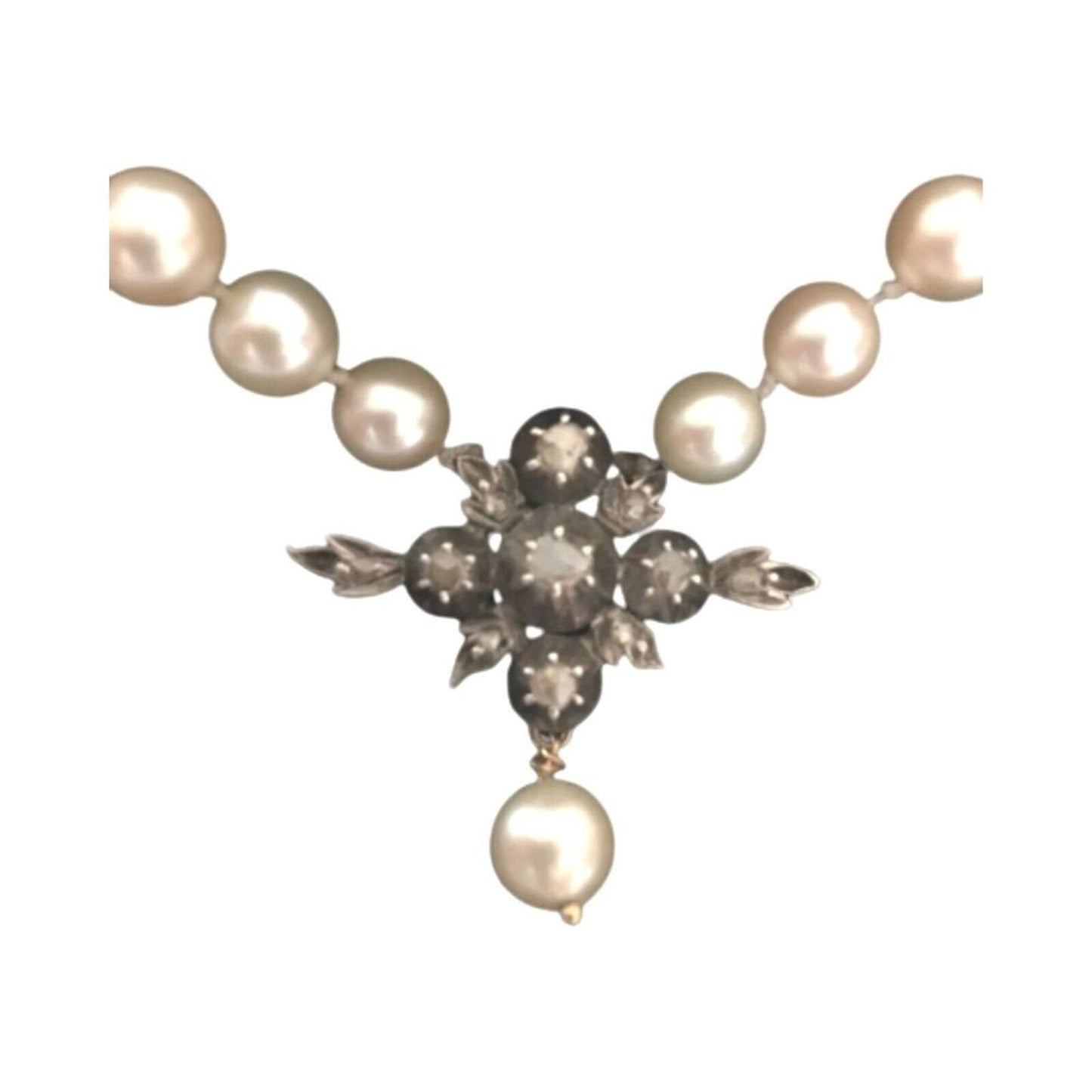 Antique Natural Pearl Necklace Rose Cut Diamonds 14K Gold Silver Victorian 1880s