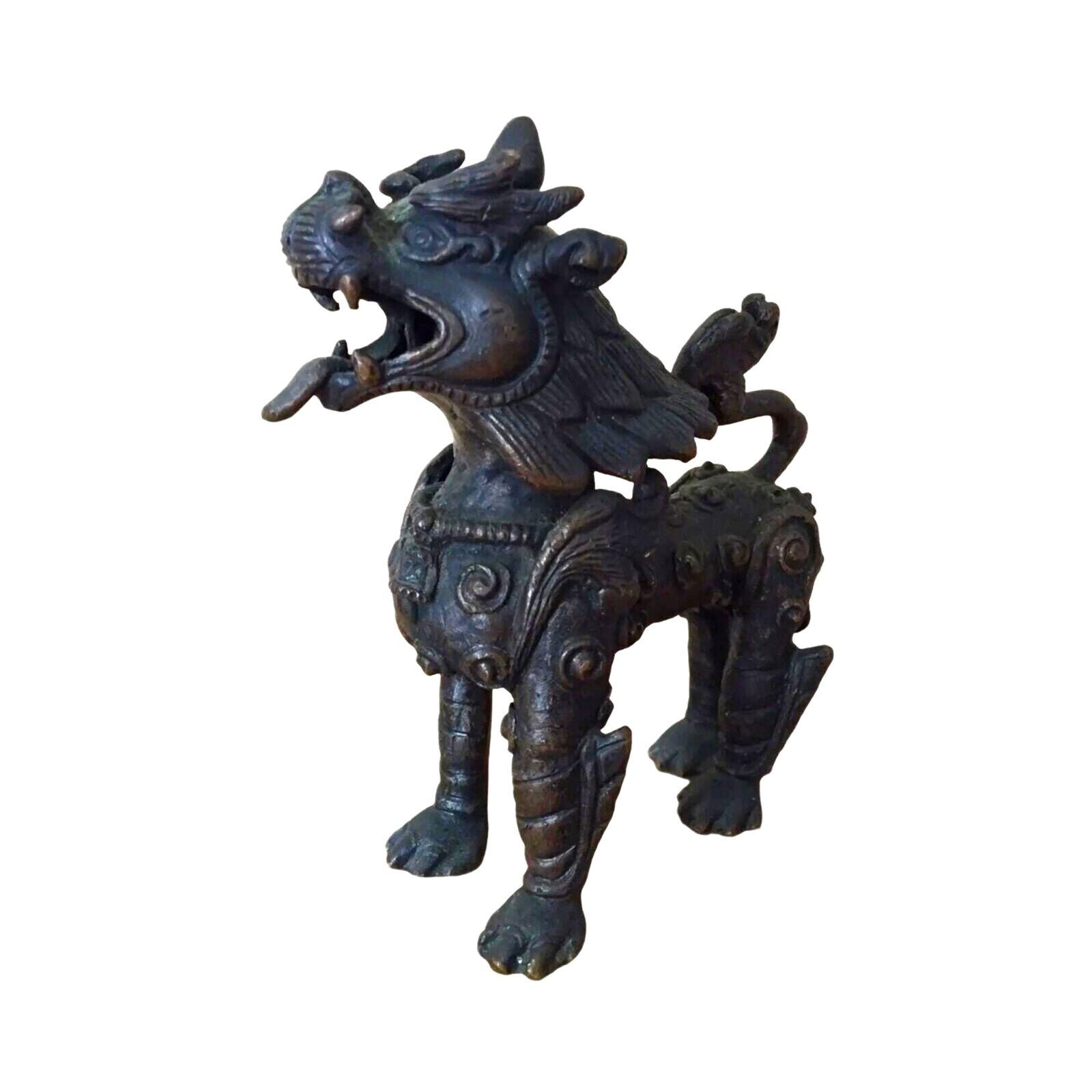 Antique Tibetan Kylie Foo Dog Bronze Art Sculpture Figurine Temple Guardian