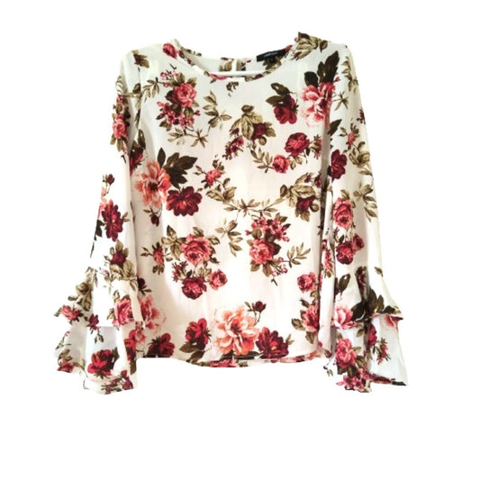 Ambiance white red Floral roses long bell sleeve women's blouse S