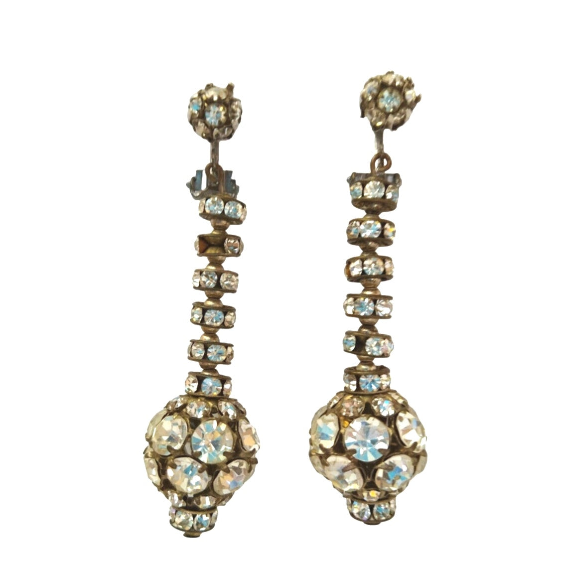 Vintage Disco Ball Round Cut Rhinestones Dangle Drop Earrings Silver Tone Clip