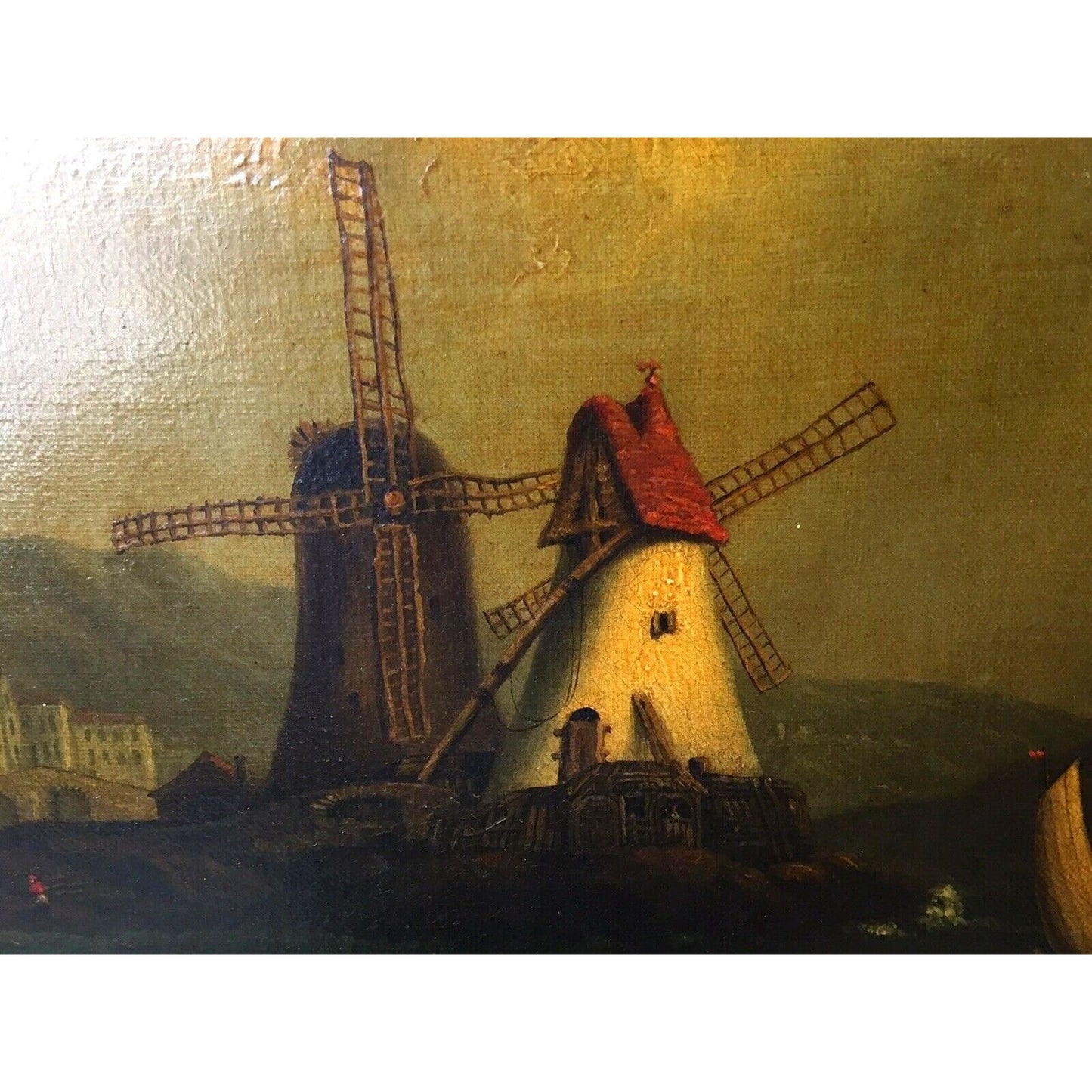 Dutch Antique Oil Painting Windmill Canvas Landscape Original 18 Century