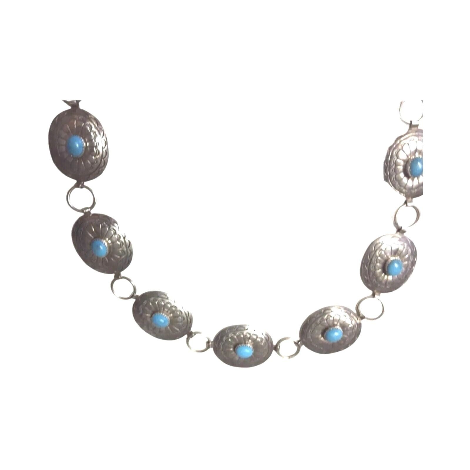Belt Necklace Vintage Navajo Native Indian Oval Blue Turquoise Sterling Silver