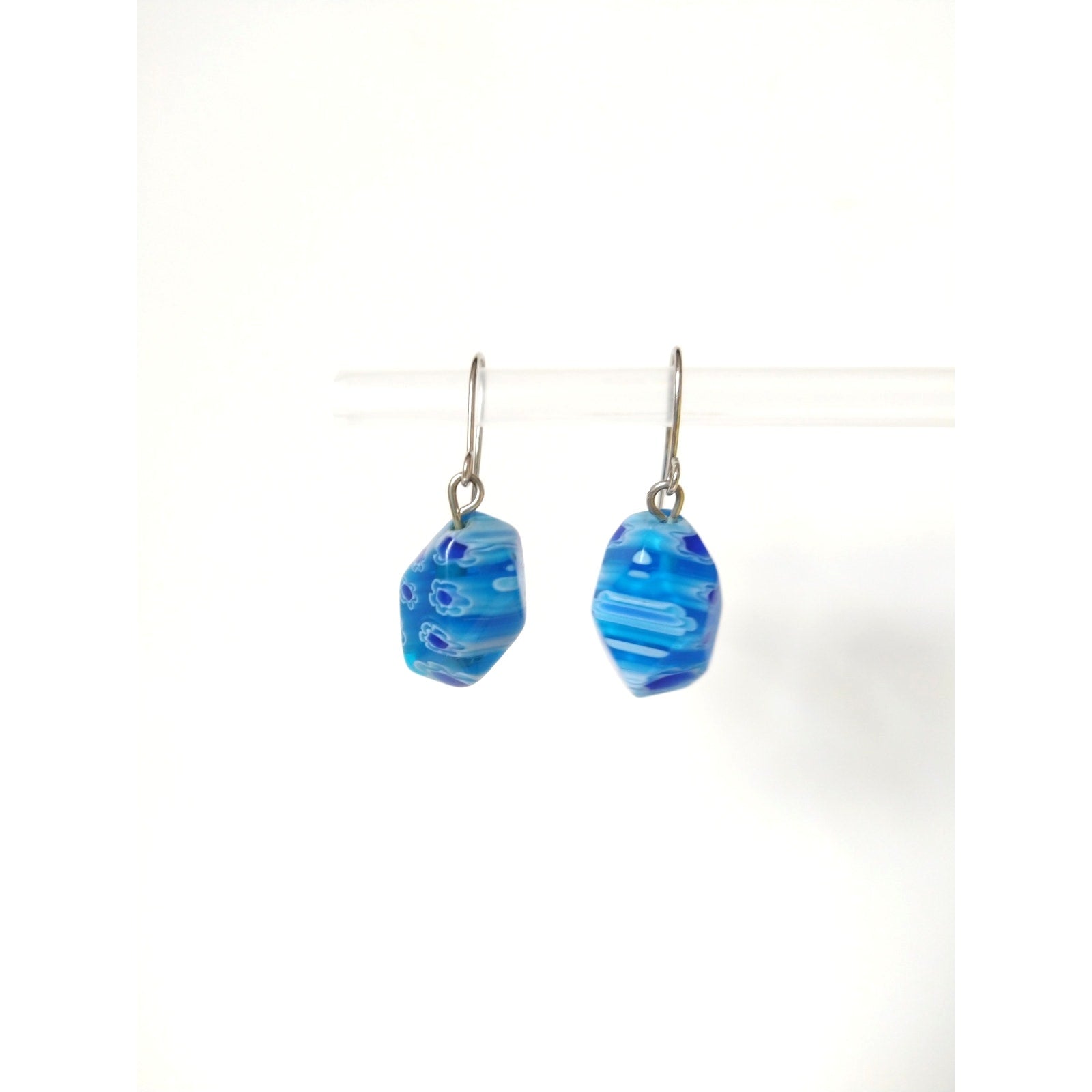 Millefiori Glass Bead Aqua Royal Blue Dangle Drop Earrings Stainless Steel