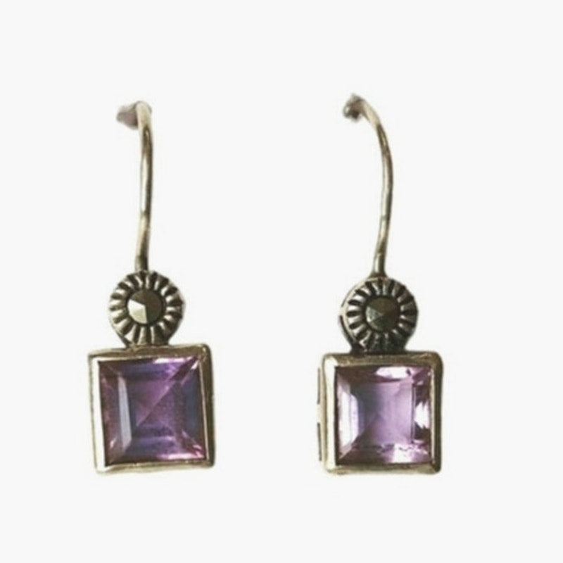 Princess Cut Amethyst Marcasite Dangle Earrings Sterling Silver 925 Signed SU