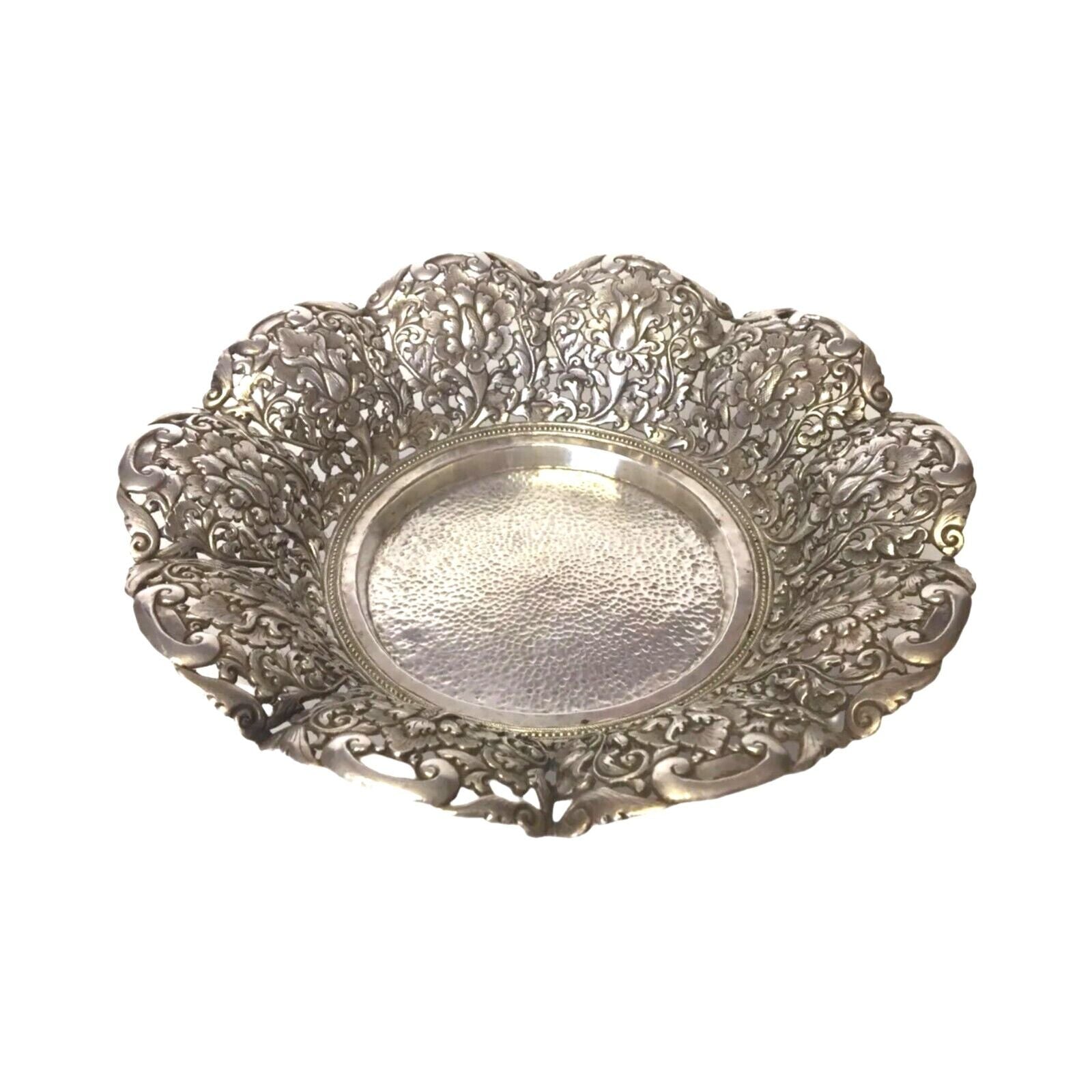 Antique Hanau Pierced Silver Footed Serving Bowl - Floral Orchid Rococo