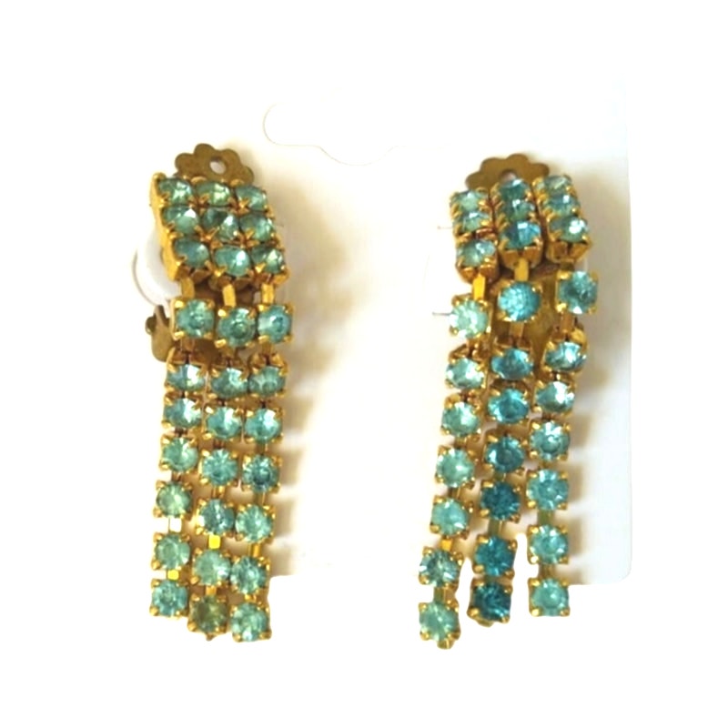 Vintage Blue Green Round Cut Rhinestones Triple Dangle Drop Earrings Gold Clip