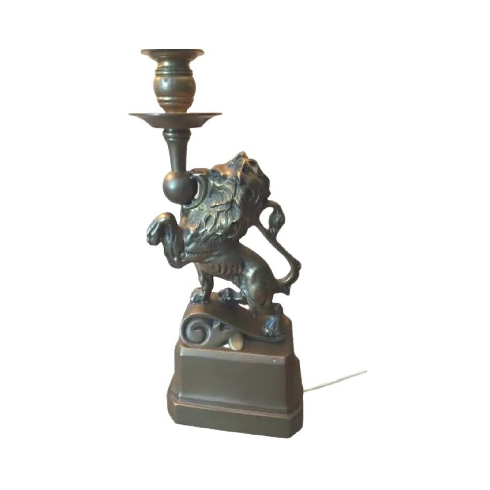 Art Deco French Table Lamp Brass Figural Prancing Lions Candelabra Black Shades
