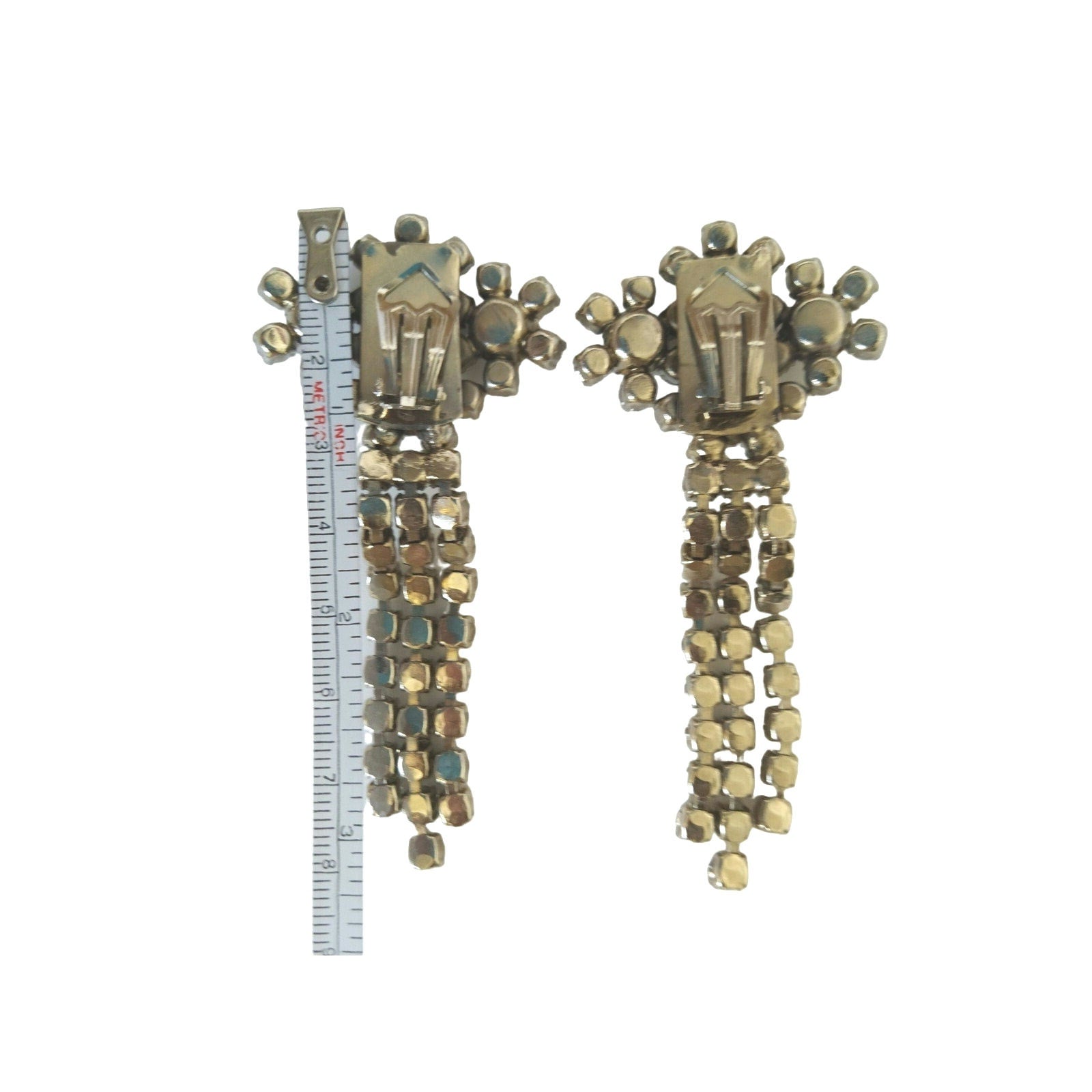 Vintage Clear Rhinestone Dangle Drop Earrings Clip On Silver Tone