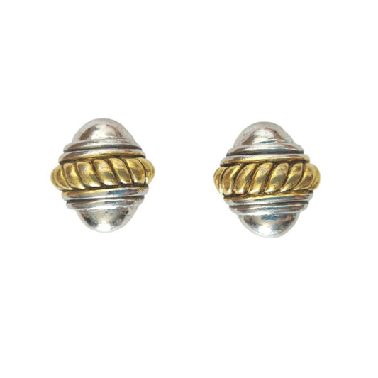 Vintage Replica Signed Gold & Silver Tone Ribbed Dome Stud Earrings Clip On