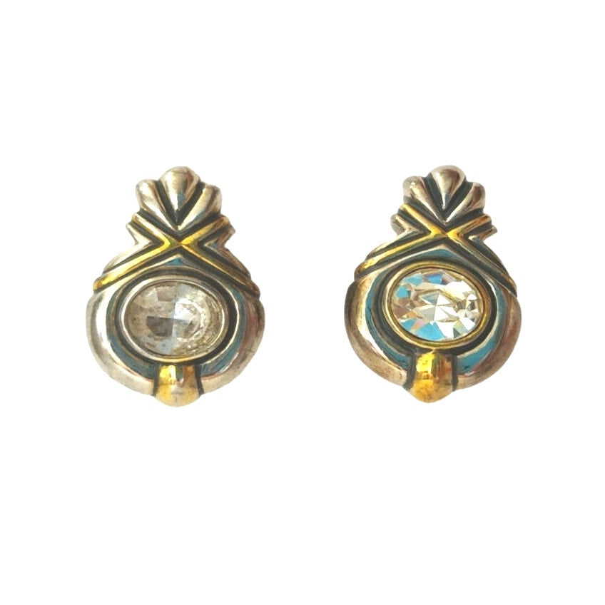 Vintage John Candice JC Oval Crystal Stud Earrings Silver Gold Tone Omega Clip