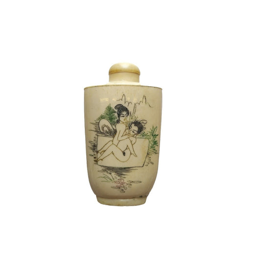 Antique Vintage Chinese Snuff Bottle With Scoop Beige Hand Painted