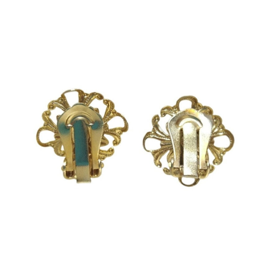 Vintage Ruby Red Gemstones Flower Stud Earrings Yellow Gold Plated Clip On