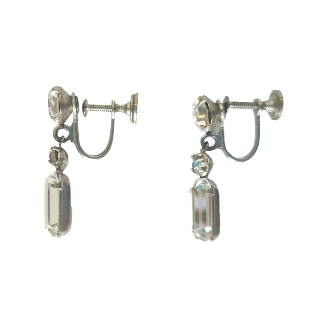 Vintage Baguette & Round Cut Rhinestones Dangle Earrings Silver Tone Screw Back