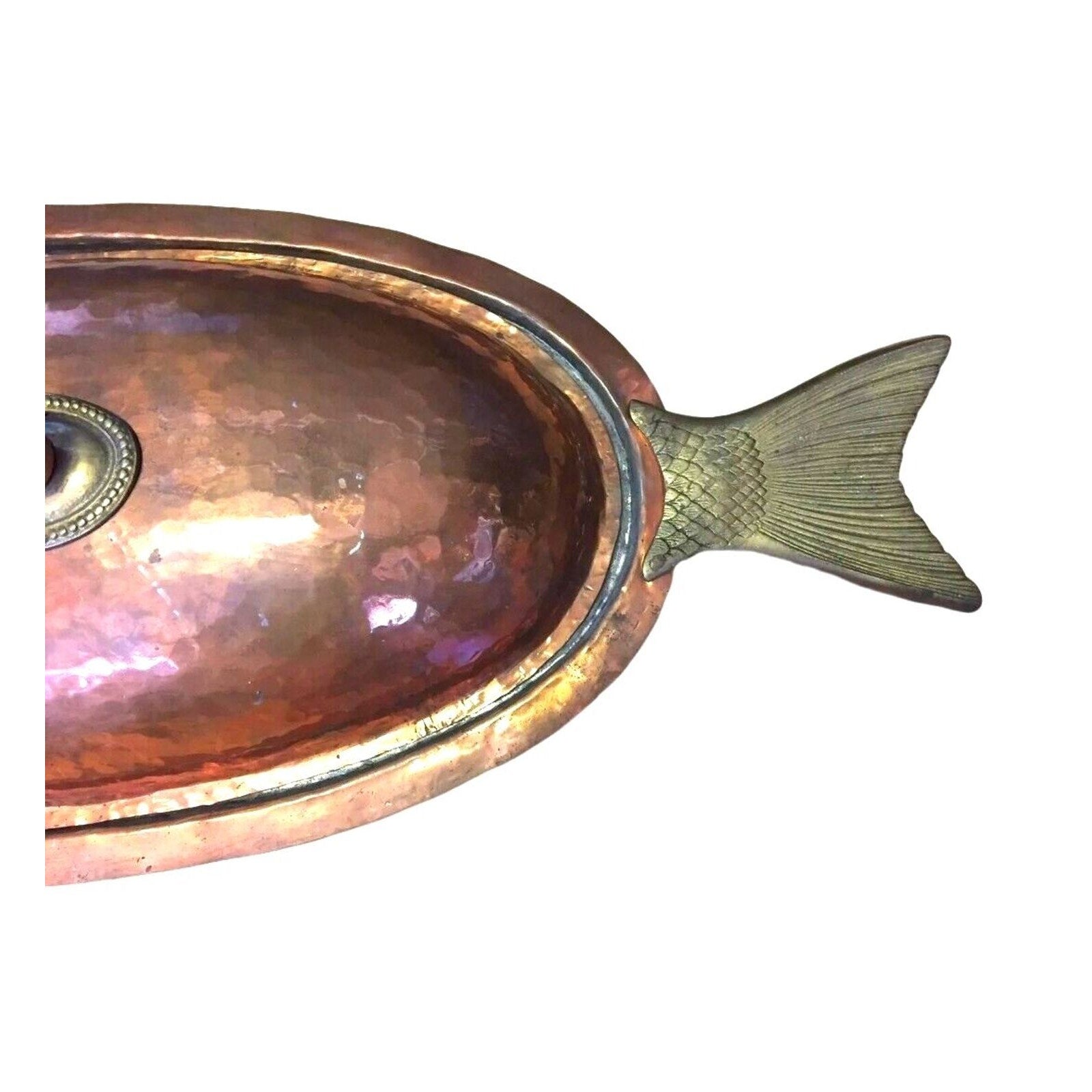 Antique Serving Dish Platter Cooking Lid Fish Seafood Oval Hammered Copper Brass