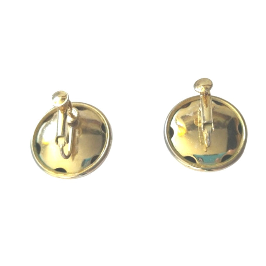 Vintage Round Button Stud Earrings White & Yellow Gold Plated Screw Back
