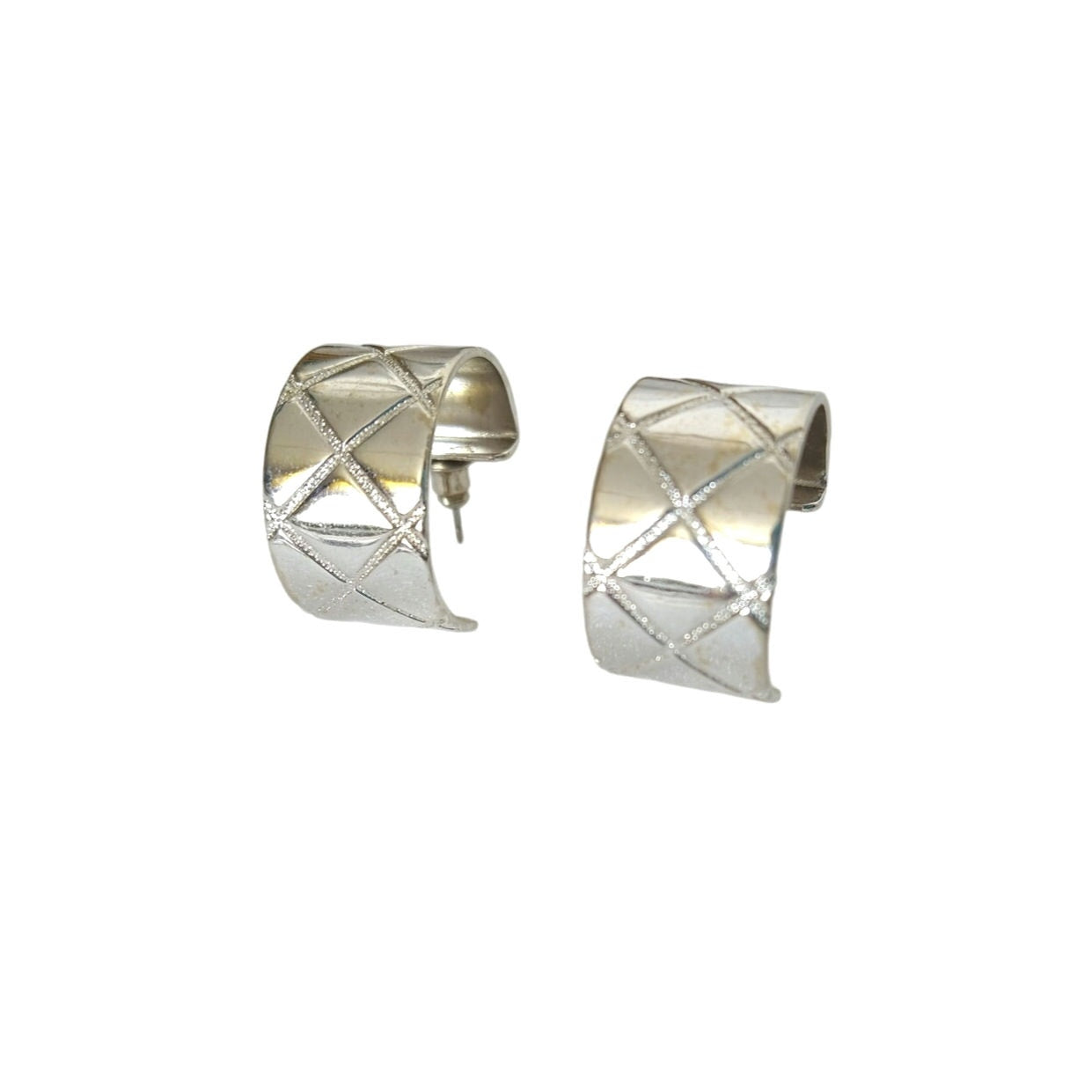 Vintage Avon Silver Tone C Hoop Earrings Open Hoops Diamond Etched Pattern