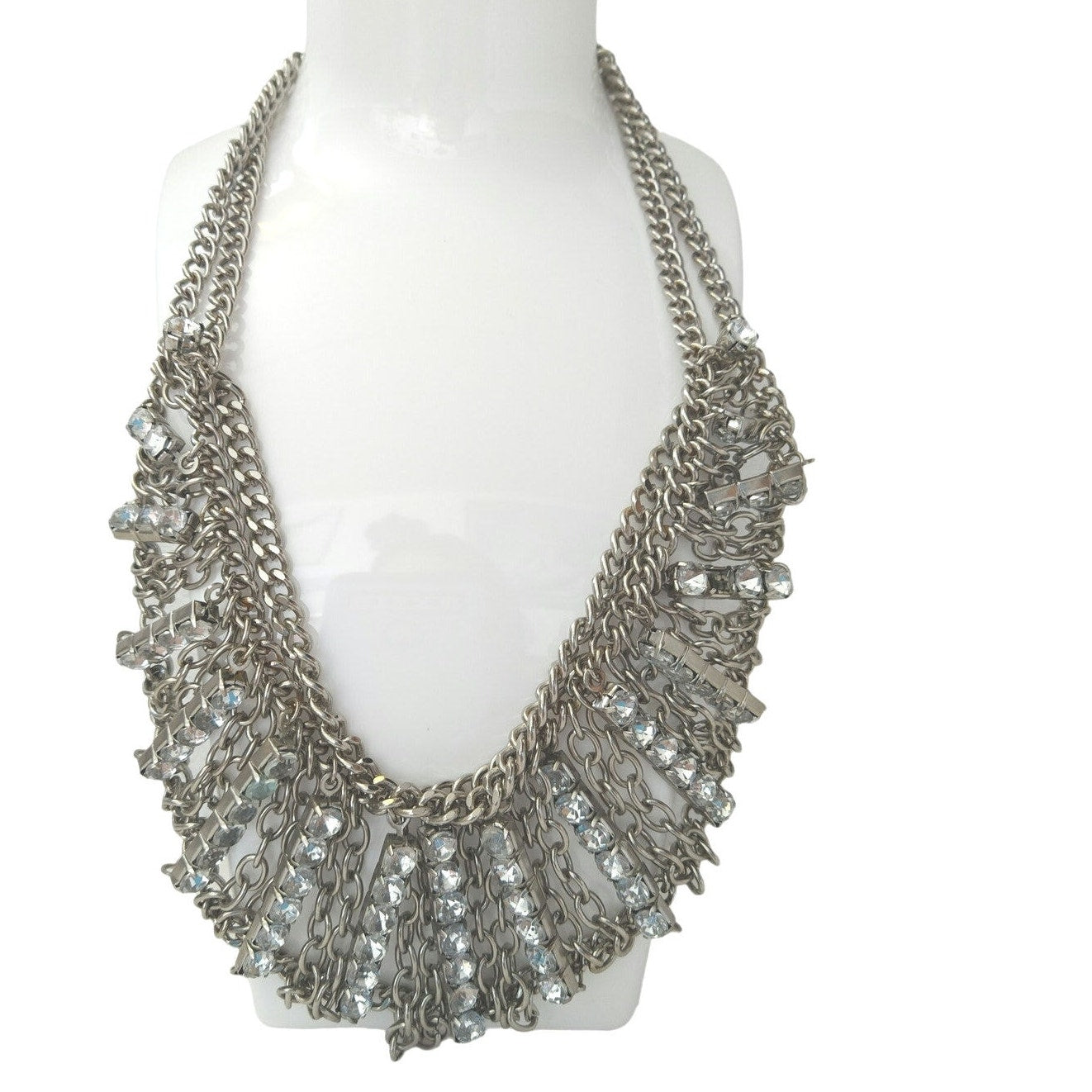 Antique Vintage Clear Rhinestones Statement Necklace Silver Metal Chain