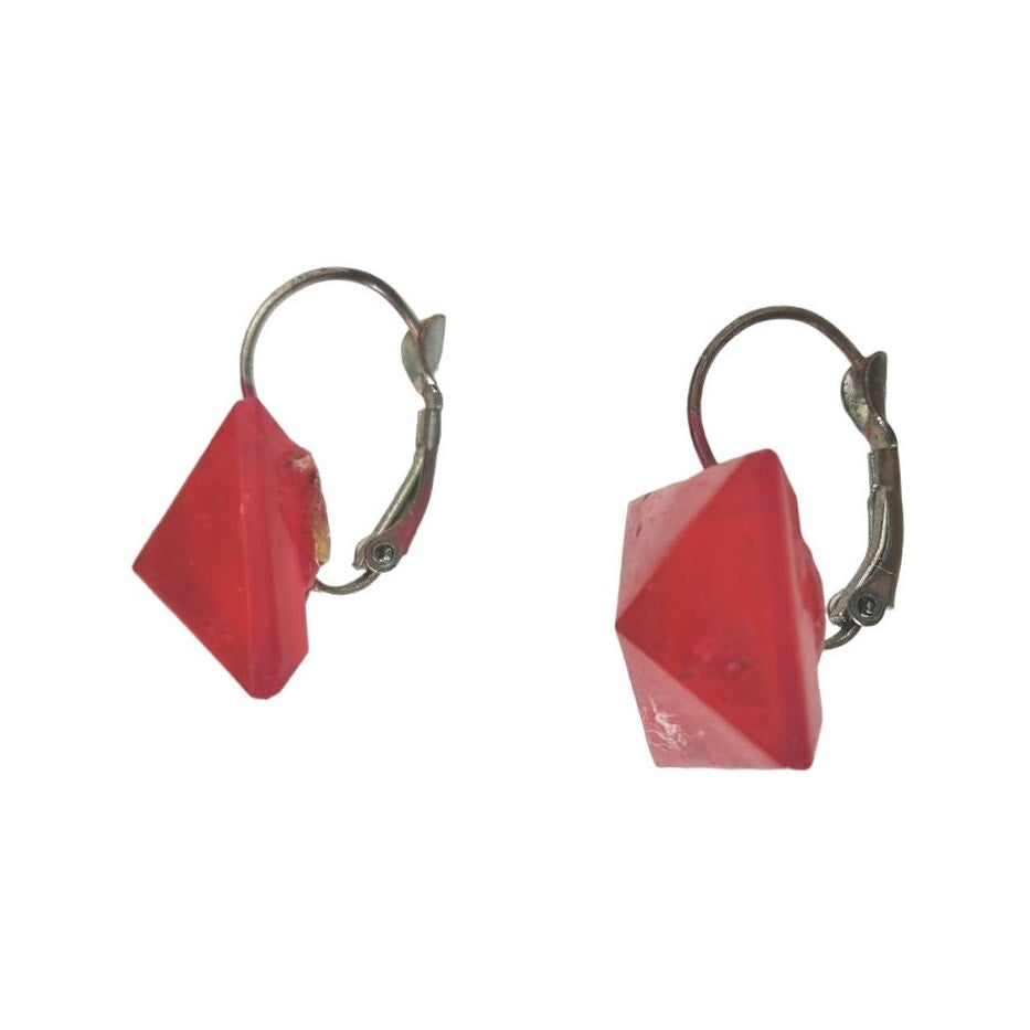 Vintage Red Square Plastic Stud Earrings Lever Back Silver Tone