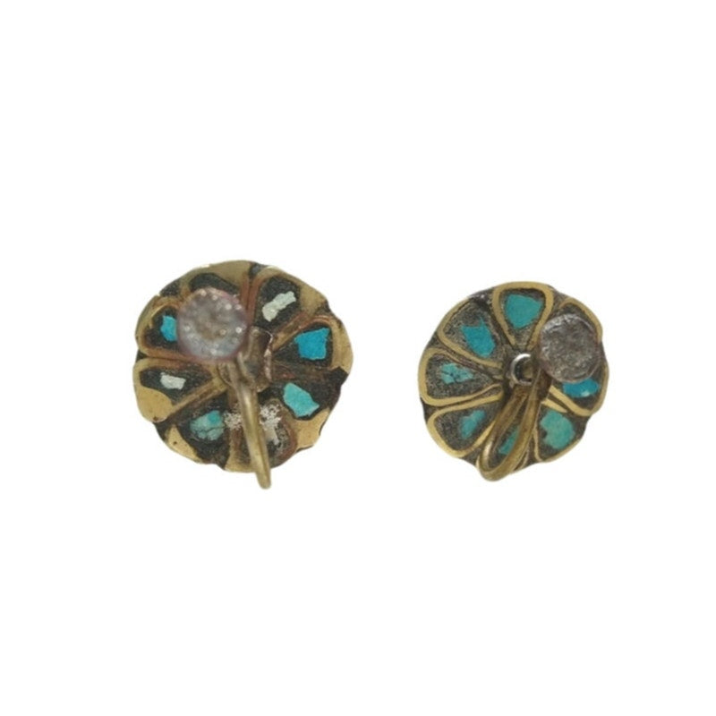 Antique Art Deco Inlaid Turquoise Domed Button Earrings Screw Back