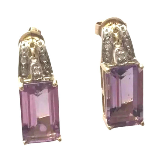 Vintage Emerald Cut Amethyst & Diamond Stud Earrings 10k Solid Yellow Gold