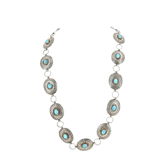 Belt Necklace Vintage Navajo Native Indian Oval Blue Turquoise Sterling Silver