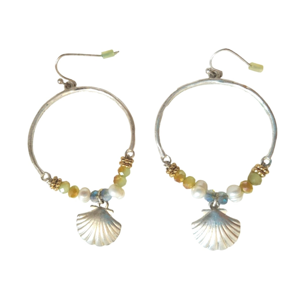 Vintage Beaded Hoop Dangle Shell Charm Earrings Sterling Silver Plated Hooks