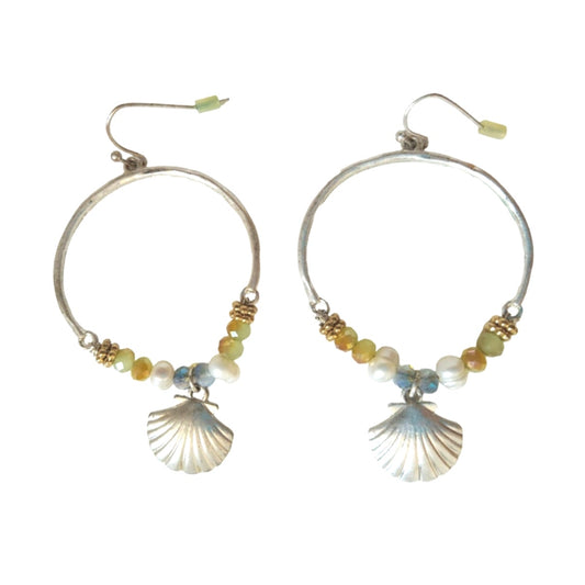 Vintage Beaded Hoop Dangle Shell Charm Earrings Sterling Silver Plated Hooks