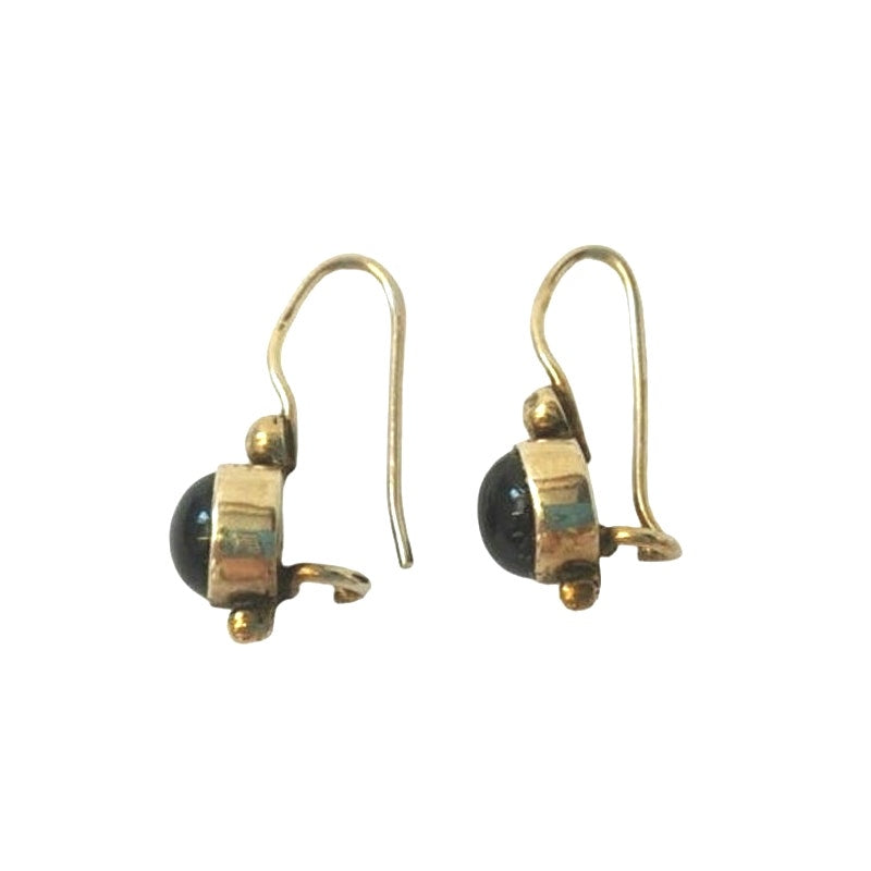 Vintage Cabochon Black Onyx Dangle Earrings Yellow Gold On Sterling Silver 925