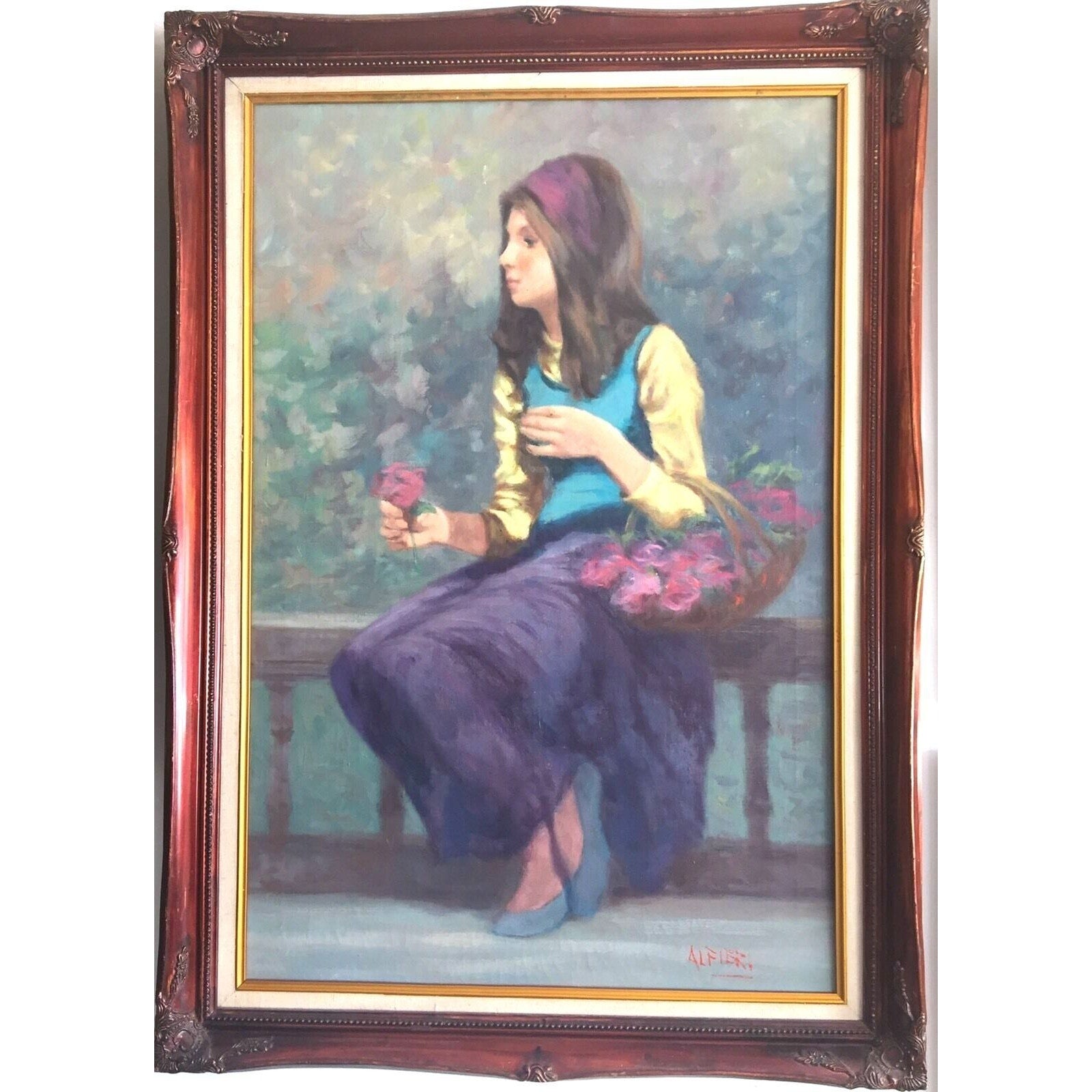Painting Philippe Alfieri Girl With Roses Oil On Canvas Signed 1960s Italian