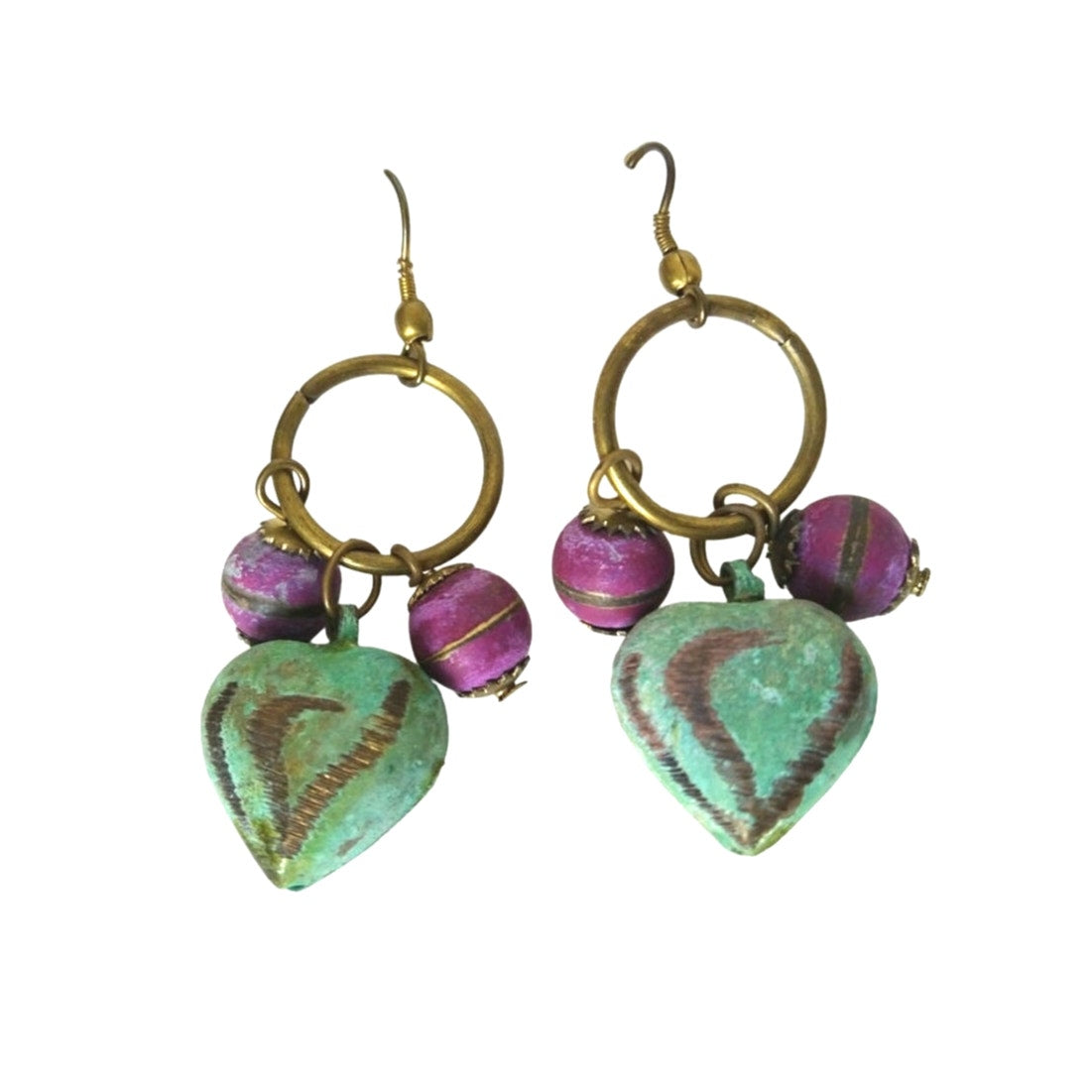 Vintage Boho Green Heart Purple Beads Dangle Earrings Brass Circle Hook