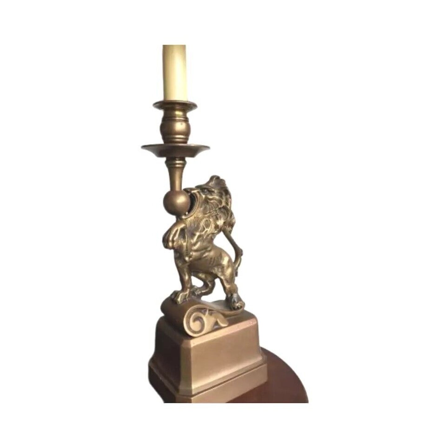 Art Deco French Table Lamp Brass Figural Prancing Lions Candelabra Black Shades