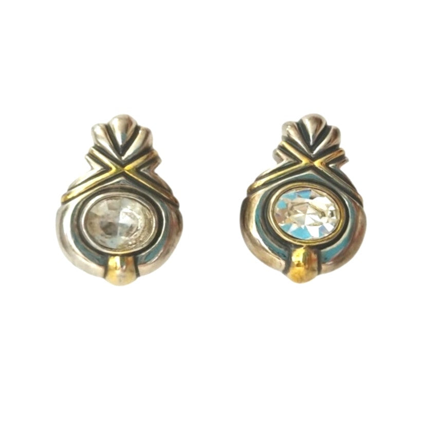 Vintage John Candice JC Oval Crystal Stud Earrings Silver Gold Tone Omega Clip